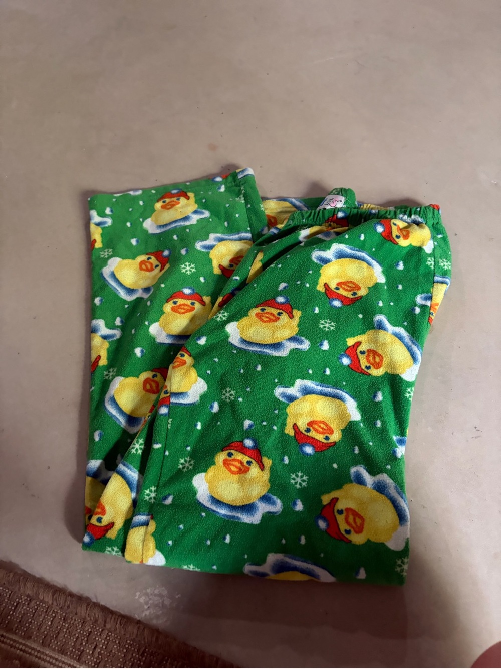 Women’s Green Fleece Pajama Pants with Yellow Duck Print